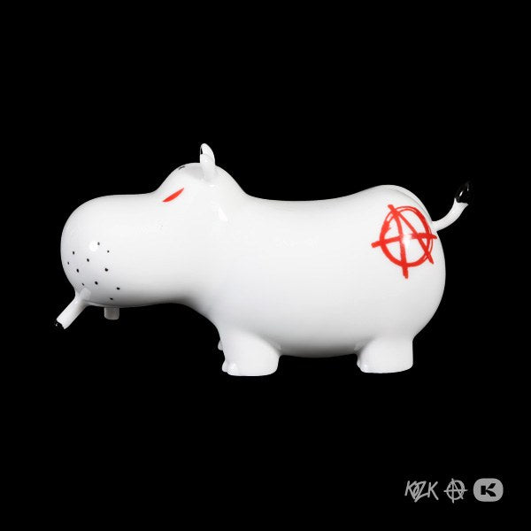 Potamus Red Anarchy figurine by Frank Kozik, crafted from Limoges porcelain, featuring a white enamel finish and red Anarchist logo.